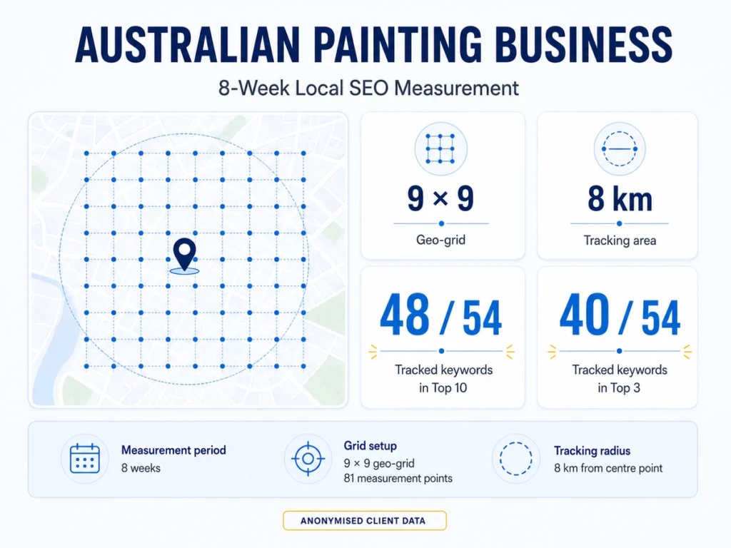 Anonymised local SEO tracking results for an Australian painting business