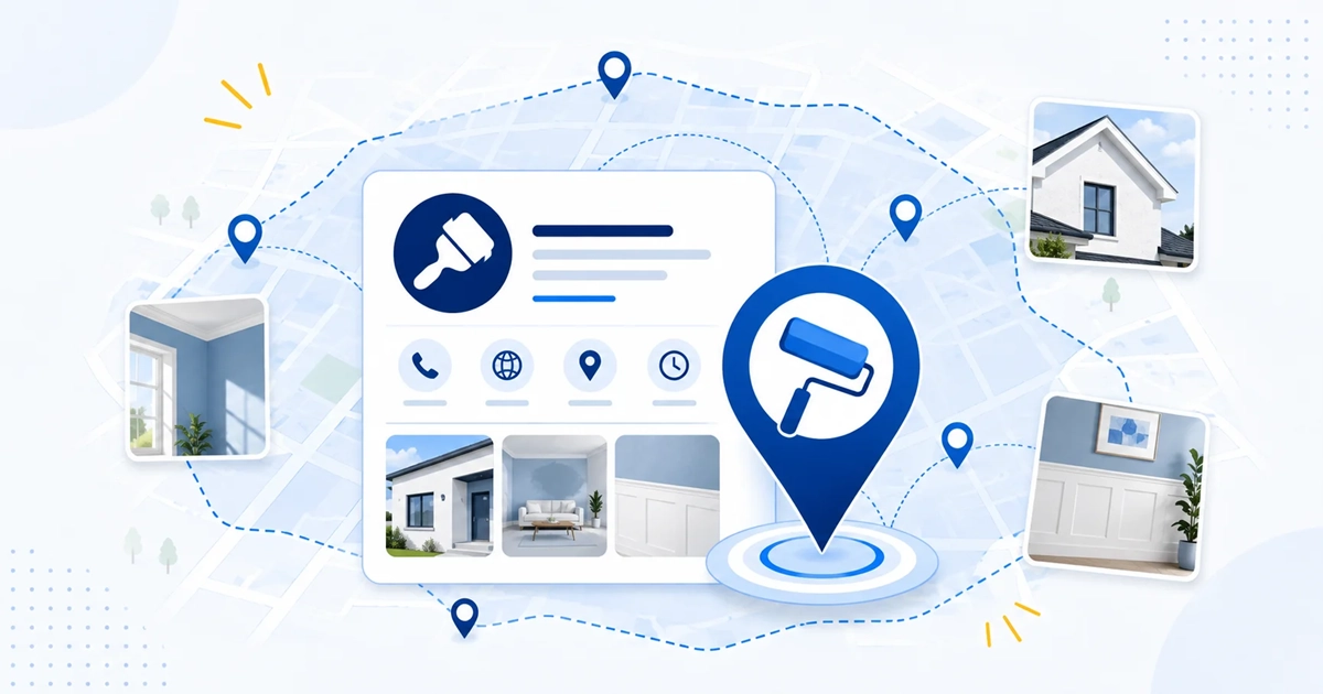 Illustration of a painting business profile with a local map, service area and project imagery