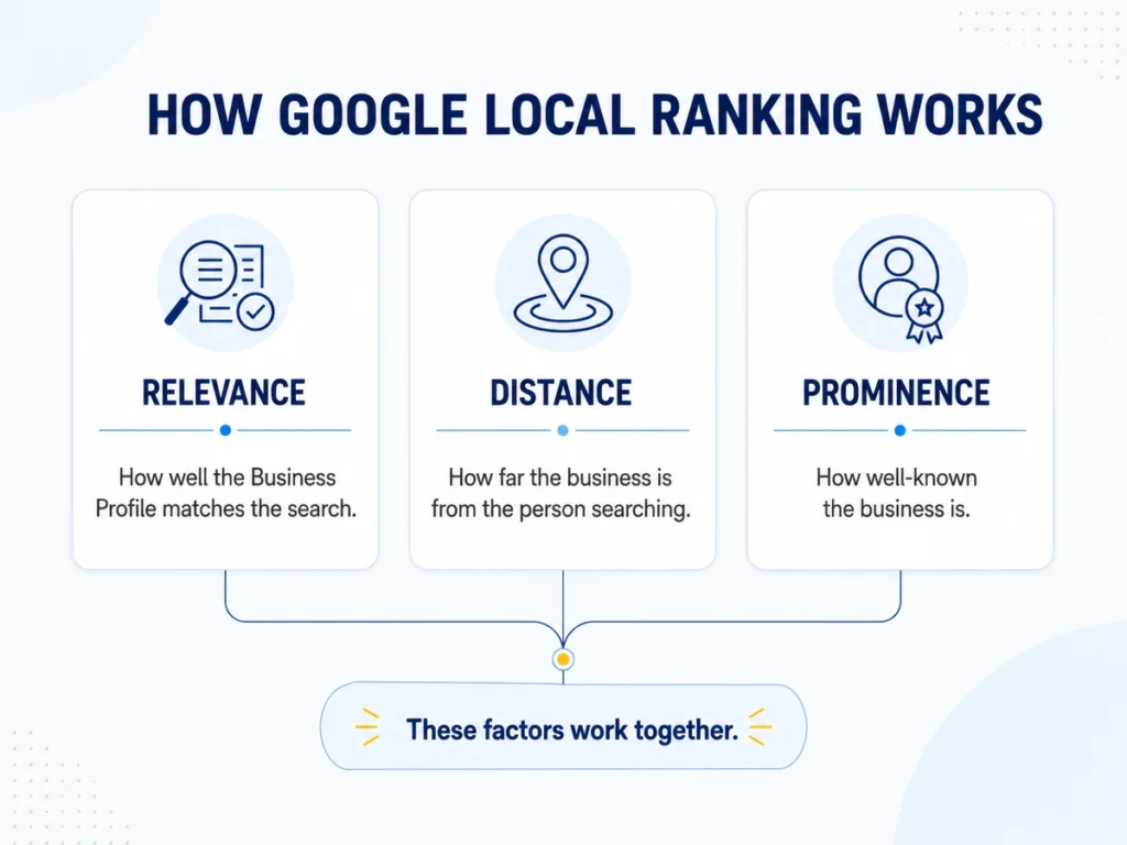 Diagram showing Google local ranking factors for painters: relevance, distance and prominence