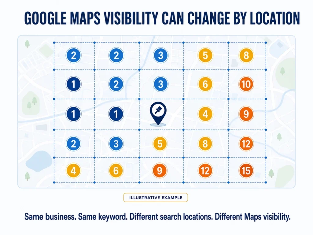 Example geo-grid showing a painter's Google Maps visibility across a service area
